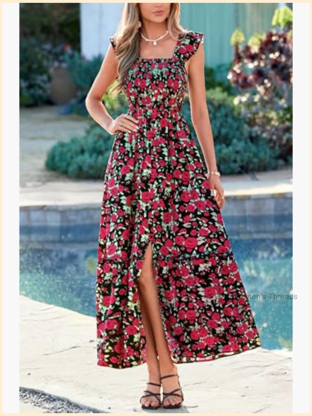 Womens Smocked Floral Ruffle Sleeve Slit Maxi Dress Boho Beach Sundress - Picture 2 of 7
